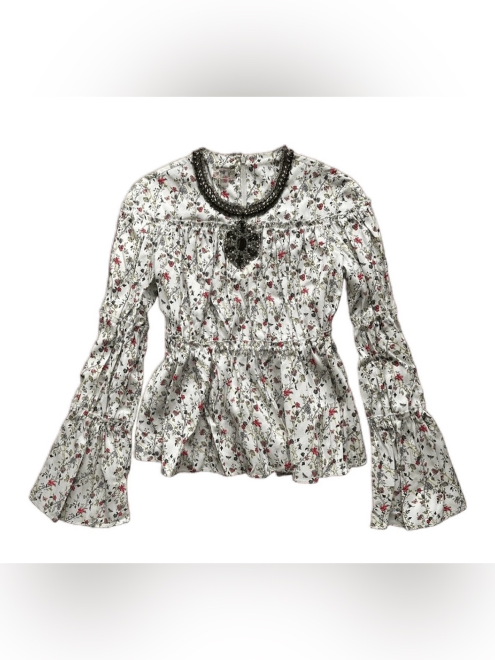 Floral Peplum Long-Sleeve Blouse with Embellished Neckline